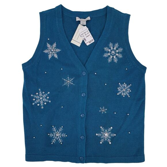 NEW Christopher & Banks Womens Sweater Vest Small Turquoise Winter Snowflakes 3D - Picture 1 of 9